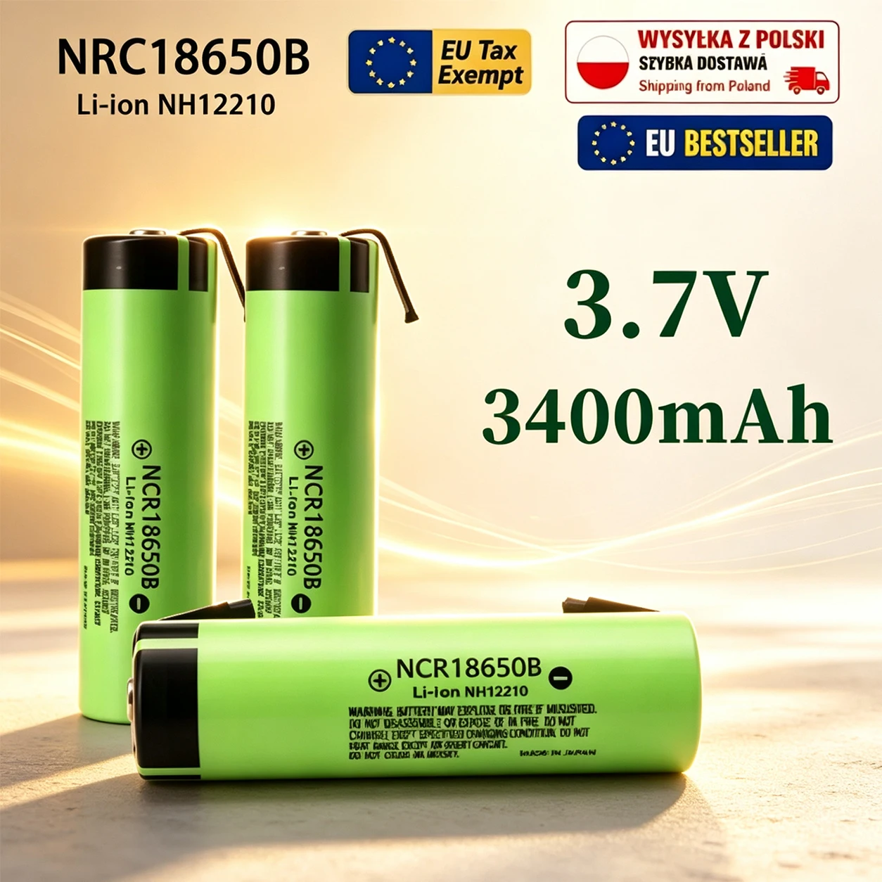 NCR18650B 3400mAh 3.7V Li-Ion 18650 Wiederaufladbare Batterie Kompatibel mit Panasonic Long Life für Solar-Taschenlampen