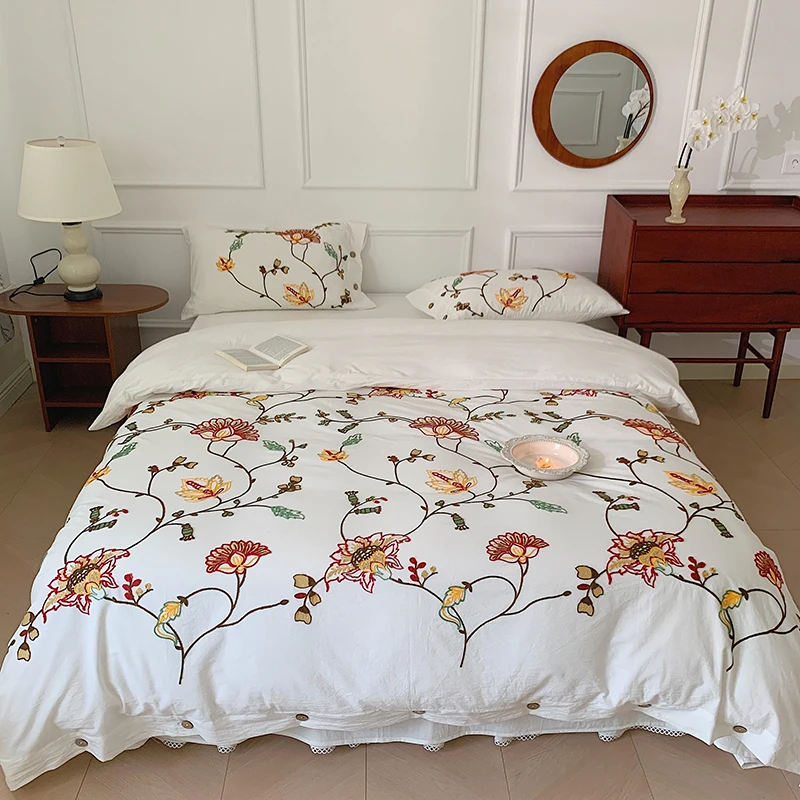 100% Cotton Bohemia Style Flowers Embroidery Queen King Size 4pcs Bedding Set Vintage Rural Duvet Cover Set Bed Sheet Pillowcase