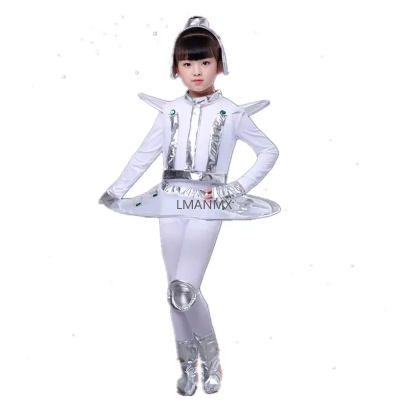 Costume da Robot per bambini bianco argento astronauta Performance Space Stage Dance Show Time abbigliamento abbigliamento da ballo Unisex ragazzo o ragazza