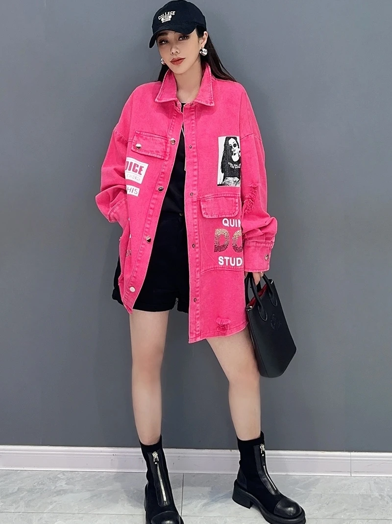 Vefadisa 2024 Autumn New Women Red Denim Coat Lapel Long Sleeve Letter Printed Coat Casual Fashion All-match Coat ZXY604A