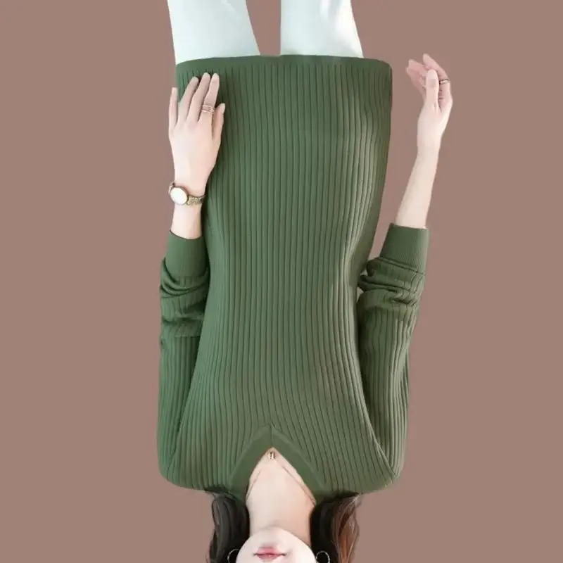 

Autumn Winter Pullover Women's Sweater New Long Sleeve Loose Medium Length V-Neck Casual Knitted Bottom Shirt Female Jumper Tops