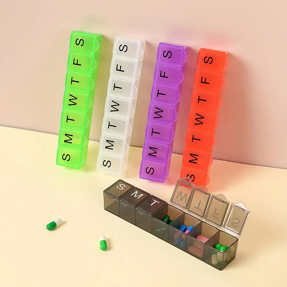 Boîte à pilules compartiment à 7 grilles, couvercle Transparent hebdomadaire, Date imprimée, résistant à l'humidité, organisateur de tablette de voyage, boîte de rangement de médicaments