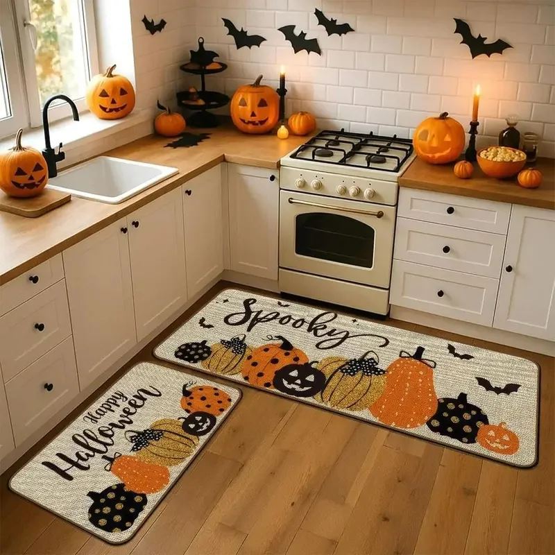 VIKAMA Halloween Kitchen Rug Set Pumpkin Bat Pattern Non Slip Washable Runner Floor Mat Kitchen Indoor Holiday Home Decor