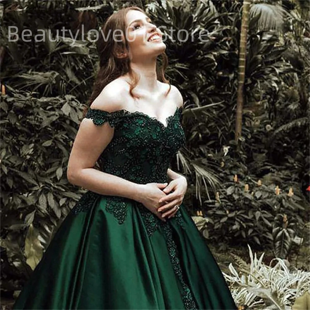 Evening Dress V-Neck Lace Appliques Elegant and Simple Fashion Off Shoulder For Woman Party Mop Dark Green Prom Dress De Soriee