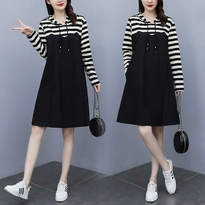 

Модные свободные повседневные платья в полоску с капюшоном и карманами, женская одежда, новинка весны 2024, универсальное платье миди большого размера