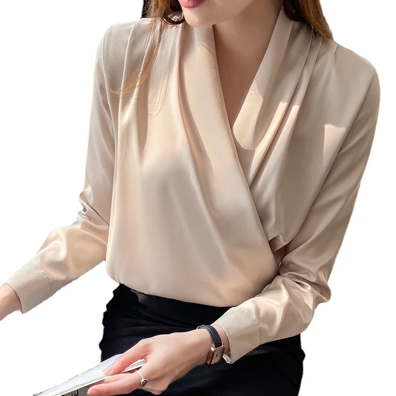 

2024 spring and autumn new long-sleeved shirt women's design sense small fashion V-neck shirt with chiffon shirt