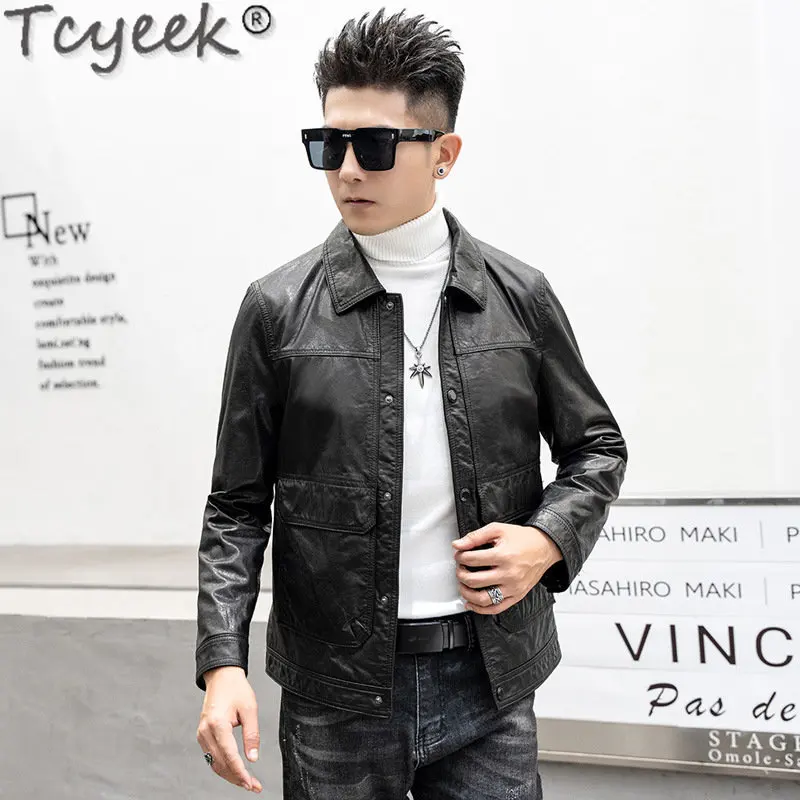 Tcyeek Motocycle Real Leather Jacket Men Spring Fall Clothes Thin Oil Wax Cowhide Coat Short Natural Leather Jackets Man Chic