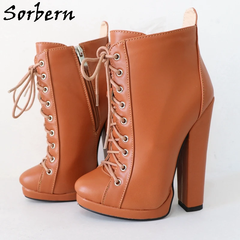 Sorbern Brown Ankle Boots For Women Lace Up Thin Platform Block High Heels Winter Style Warm Plush Short Booties Custom 33-48