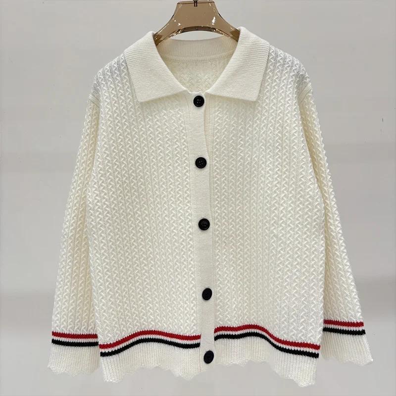 

High quality embroidered logo women's zigzag pattern cardigan with striped color contrast matching sweater 251111194