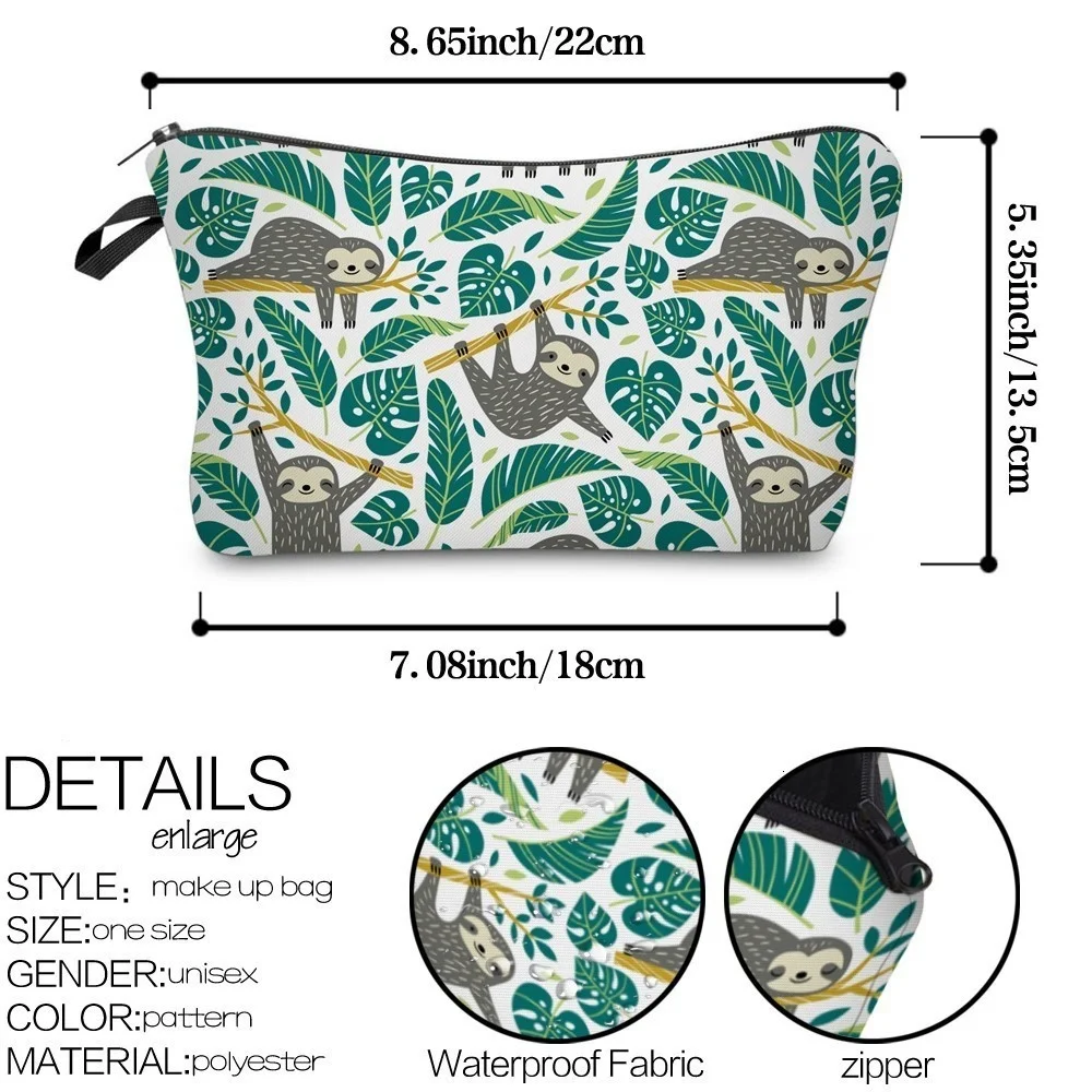 Fashion Sloth Abstract Art Cosmetic Bag Waterproof Printing Swanky Turtle Leaf Toilet Bag Custom Style for Travel Teacher Gift