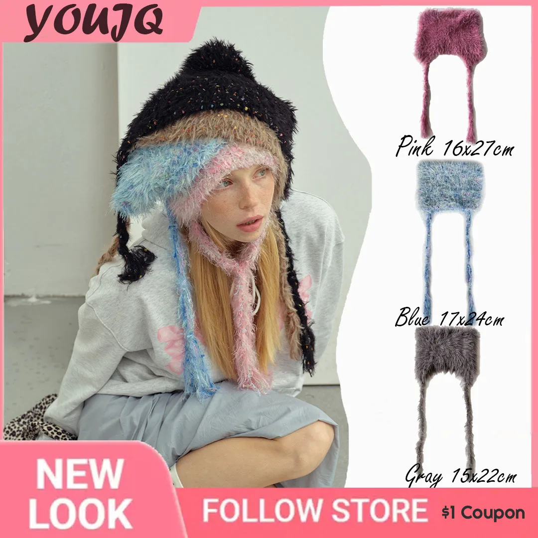 

Y2K Designer Style Cashmere Women Winter Lace Up Hat Balaclava Hats Autumn Winter Warm Pullover Snood Collar Bonnet Bear Cap