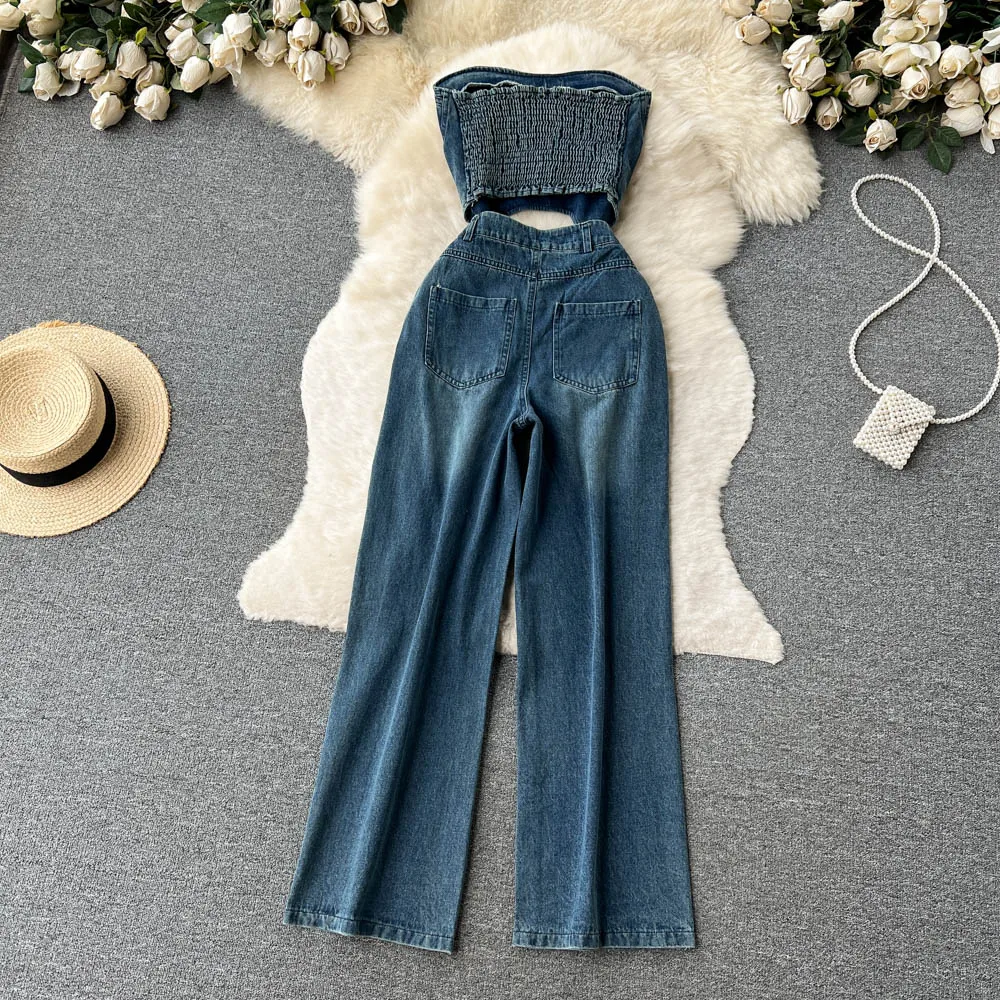 Amolapha Women Summer Denim Strapless Crop Tops+High Waist Hole Wide Legs Pants Clothing Sets