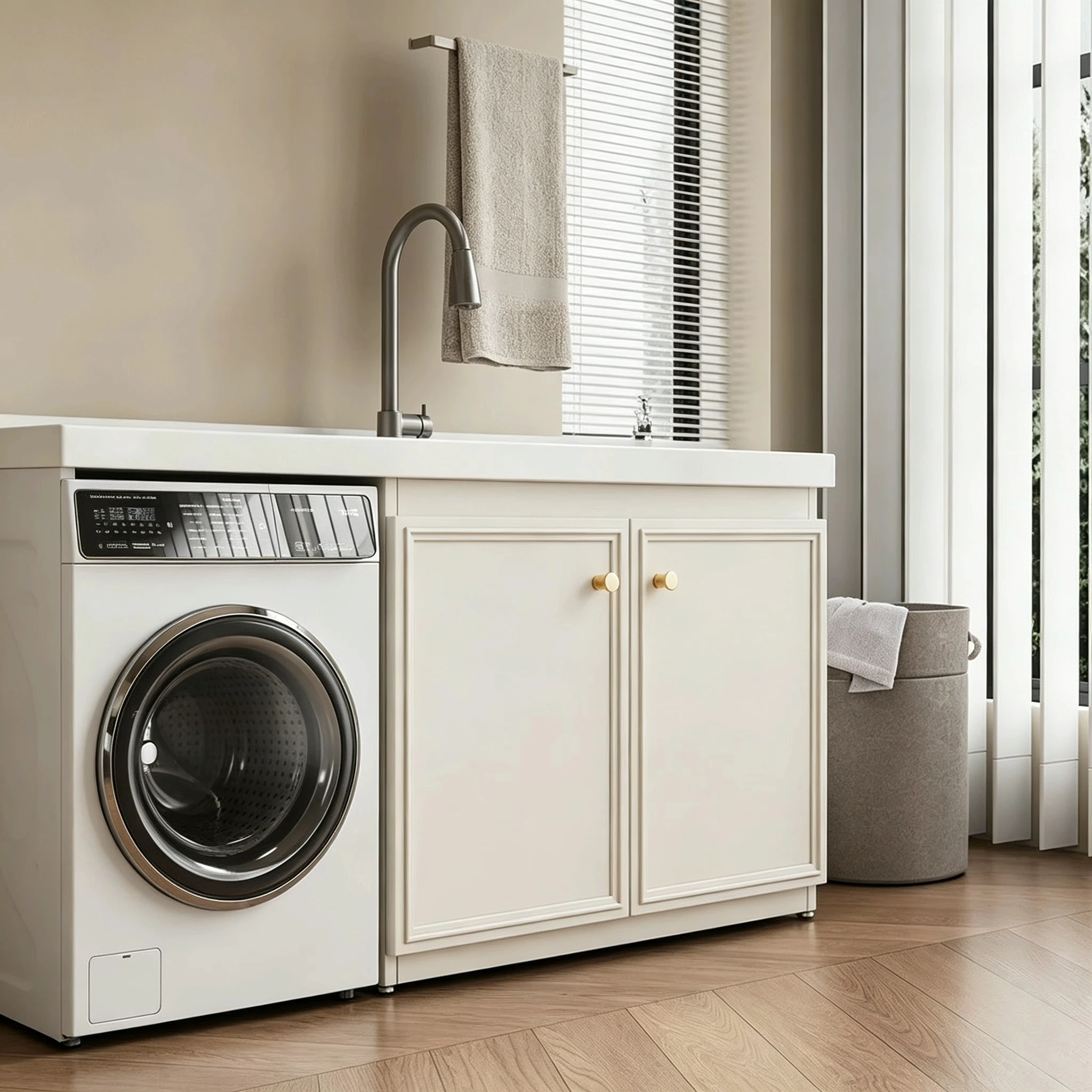 Washing Machine CabinetPremium Mirrored Balcony Laundry Cabinet High/Low Ceramic Basin Stainless Steel Drainer Lacquered Finish