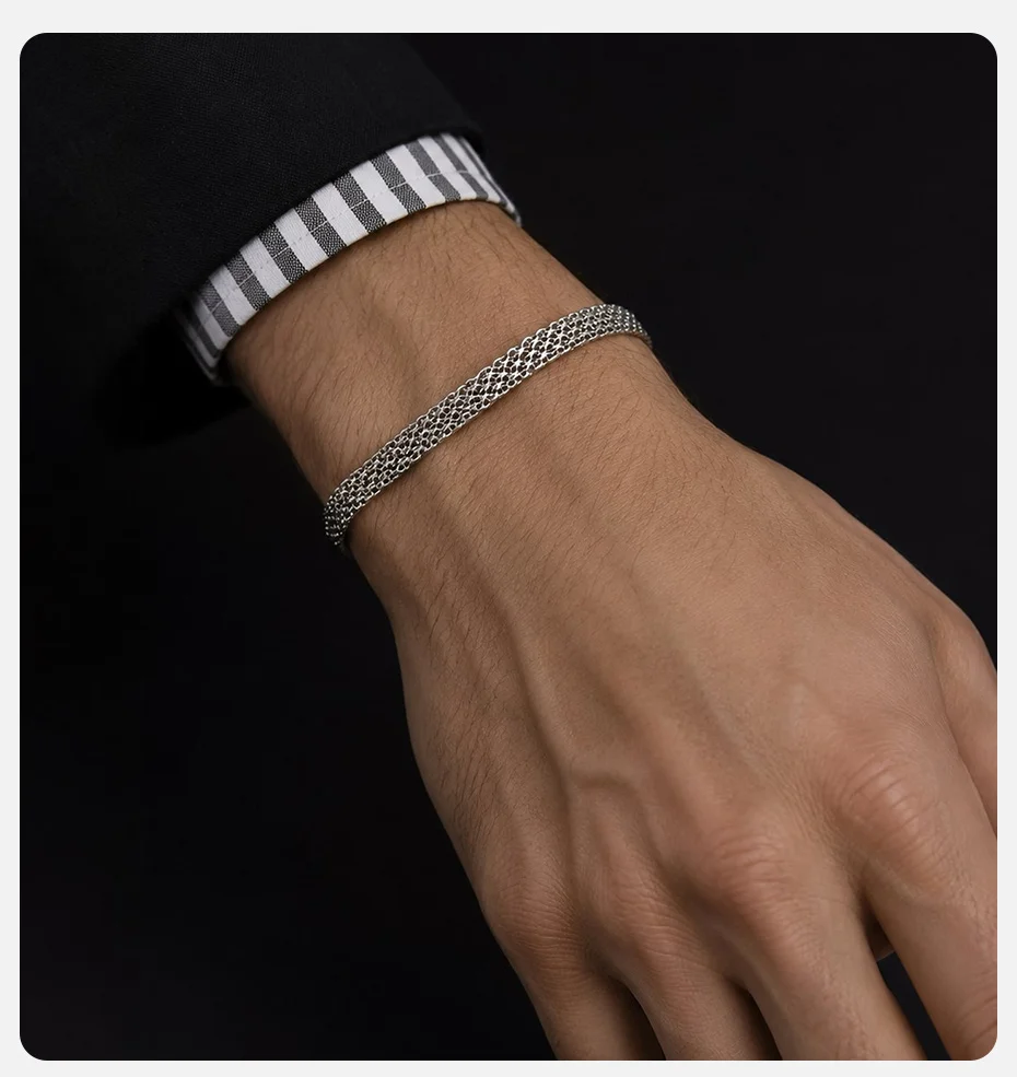 Vnox Silberfarbenes Mesh-Armband für Herren, 5,2 mm Kupfer-Spitzenarmreif, verstellbarer Karabinerverschluss, Herzanhänger, minimalistisches Schmuckgeschenk – Detail 2