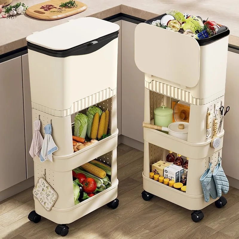 Large Kitchen Trash Can with Lid Double Layer Tall Design No Bend Needed Movable Waste Bin for Home