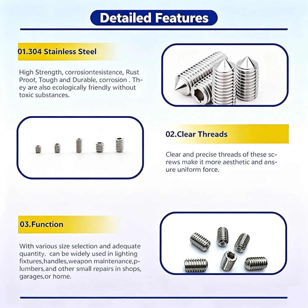 Picture 4: 200Pcs Set Screw Assortment Kit, Stainless Steel Hex Allen Head Socket Grub Screw，Stainless Steel Set Screws M3 M4 M5 M6 M8