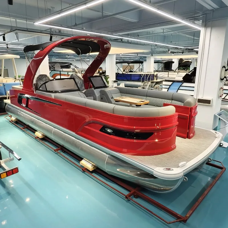 Luxury 27ft Aluminum Pontoon Boat with Motor for Family Leisure Dual Console Soft Sofa for Sightseeing Fishing