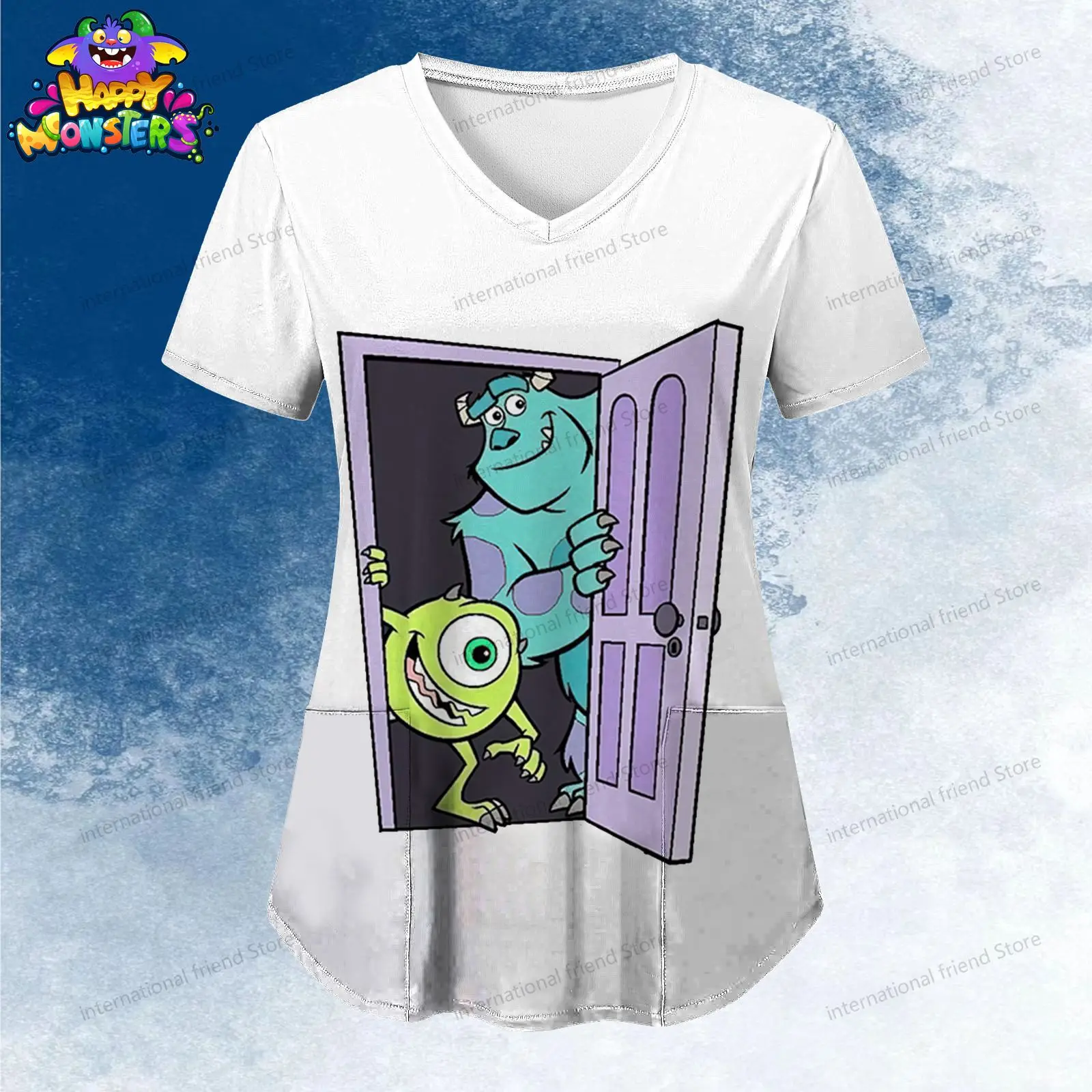 Monsters Inc. Pocket Women's V Neck Nurse Uniform T-Shirt Tshirts Dames 2024 Youthful Woman Clothes Summer Y2k Cheap Top S-2XL