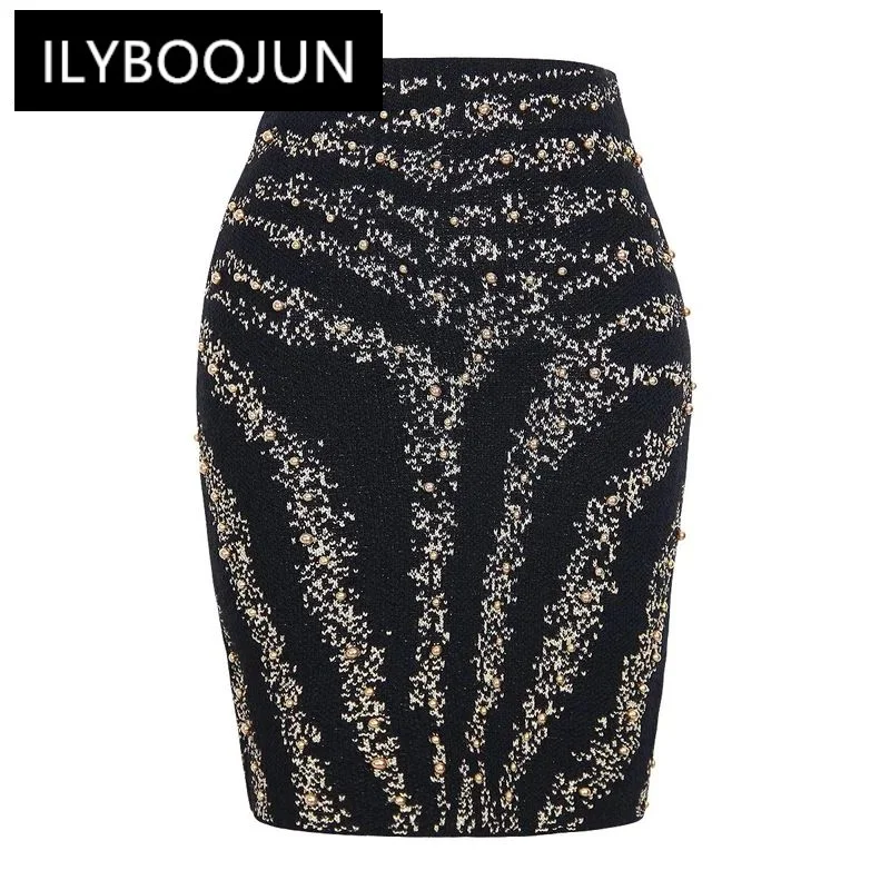 

SML High Quality Fashion Zebra Textured Knitted Elastic Fabric Slim Fit Zipper Gold Beaded Black Women's Half Length Short Skirt