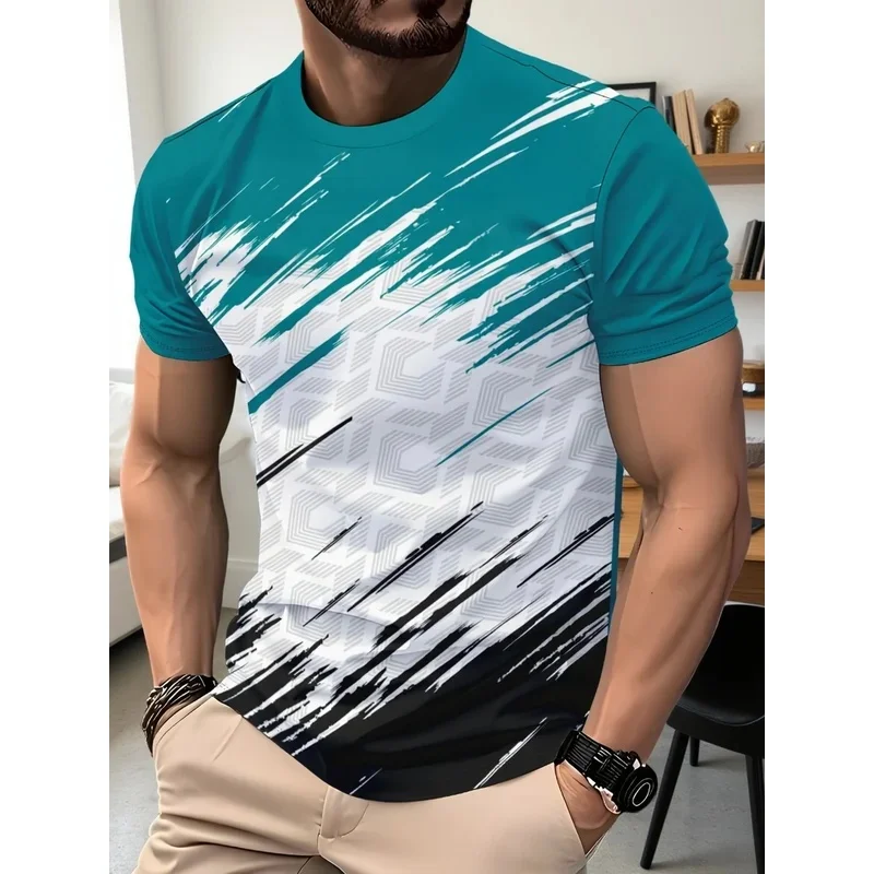 Men's Short Sleeve T Shirt Round Neck Geometric Gradient Printed Casual Sports Camiseta Green Blue Black White