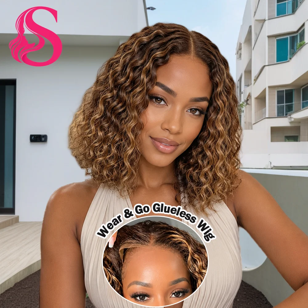 Perruques courtes bob Smilegirl 5x5 HD Lace Closure 4/27 Highlight Curly Deep Wave en cheveux humains, densité 250%, sans colle, perruques courtes bob en cheveux vierges pour femmes