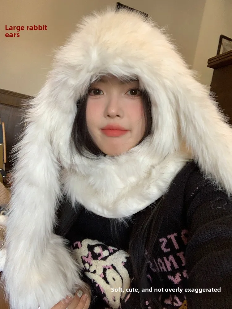 Adorable Warm Furry Ear Hat Scarf Set for Women Sweet Style round Top Cap Winter Travel Youth Suitable Deerli Hotpot Cap