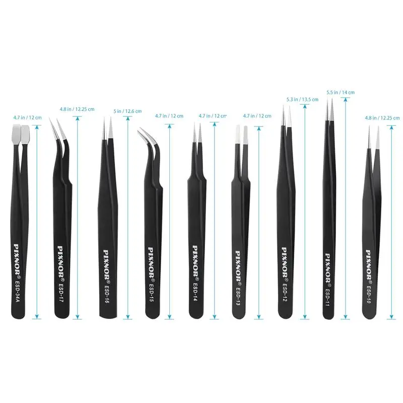 PIXNOR 9pcs Premium Anti-static ESD Stainless Steel Tweezers Set with Case for Electronics / Jewelry-making / Laboratory Work /