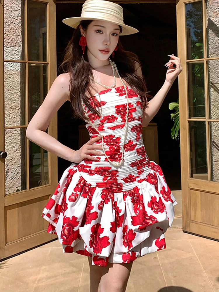 Summer Red Floral Pleated Patchwork Ruffed A-line Dress Women Elegant Chest Wrapping Dress 2026 Korean Bodycon Casual Home Dress