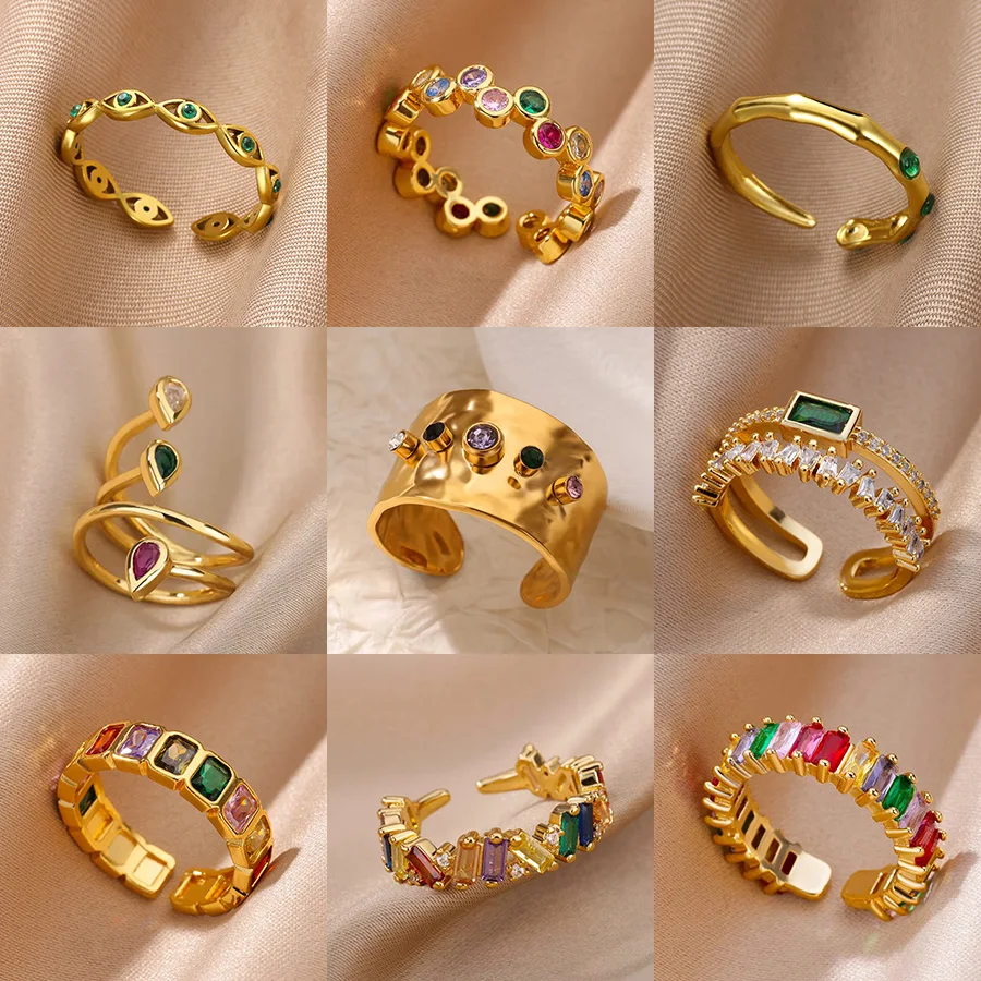 

Colorful Zircon Rings For Women Gold Color Stainless Steel Colored Cubic Zirconia Ring Luxury Fashion Wedding Party Jewelry Gift