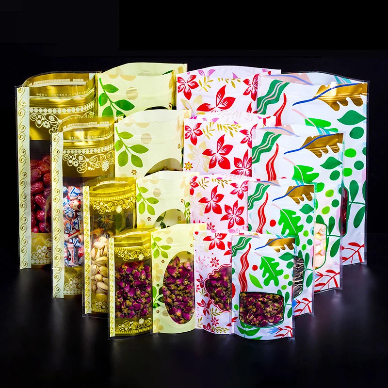 100Pcs/lot Gold Flower Plasitc Stand Up Pouches Ziplock Food Packaging Bags Gift Bags with Windows for Nuts Snacks Coffee Bean