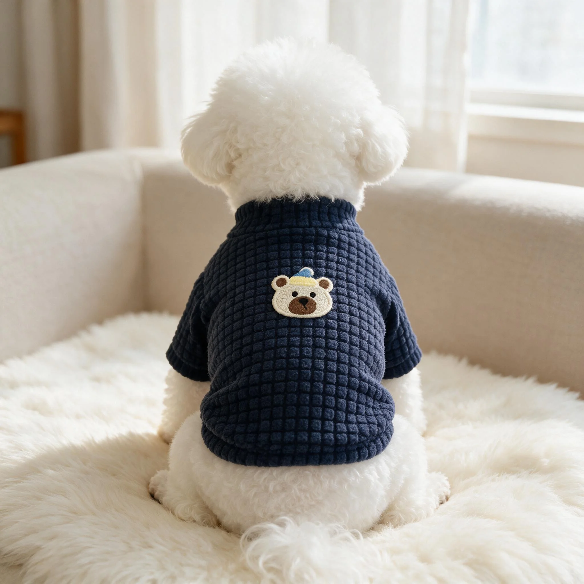Small Dog Waffle Knit T-Shirt, Sleepy Bear Embroidery Mock Neck Pet Top, Soft Spring Fall Clothes for Tiny Puppies Bichon Teddy view 4