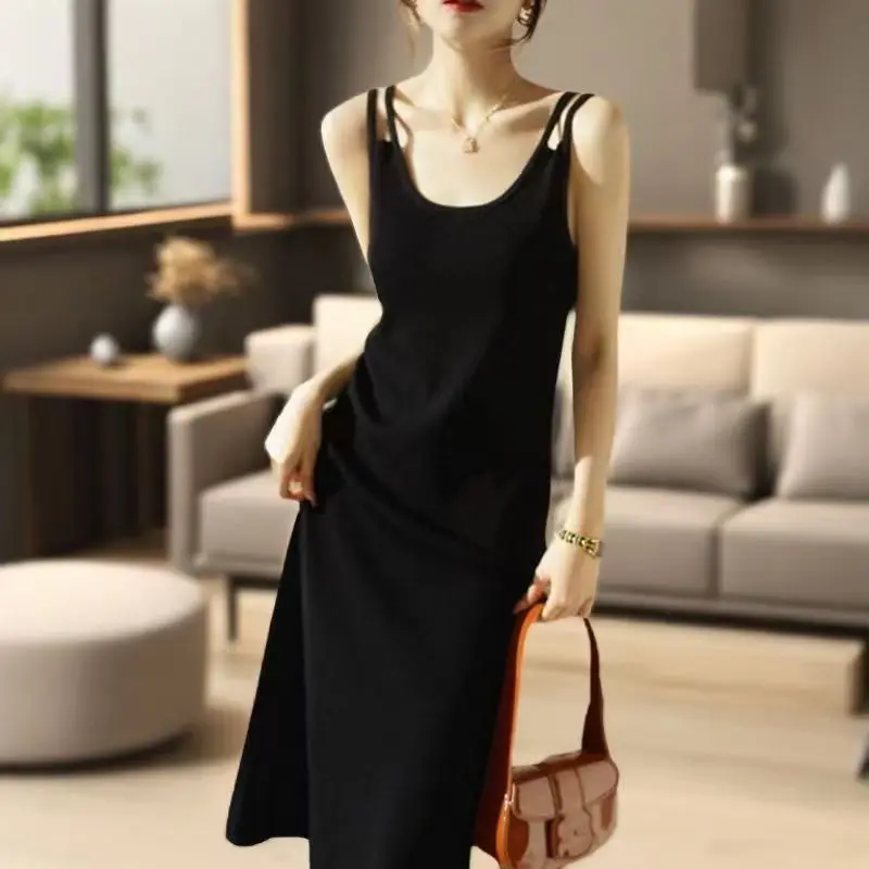 Threaded Suspender Dress New Summer Shoulder Strap Ice Silk Dress Women's Sleeveless Mid-length Base Dress