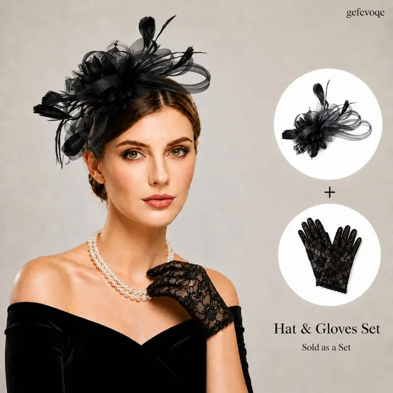 

Womens 2Pcs Vintage Fascinator Hat and Lace Gloves Set for Wedding Cocktail Party
