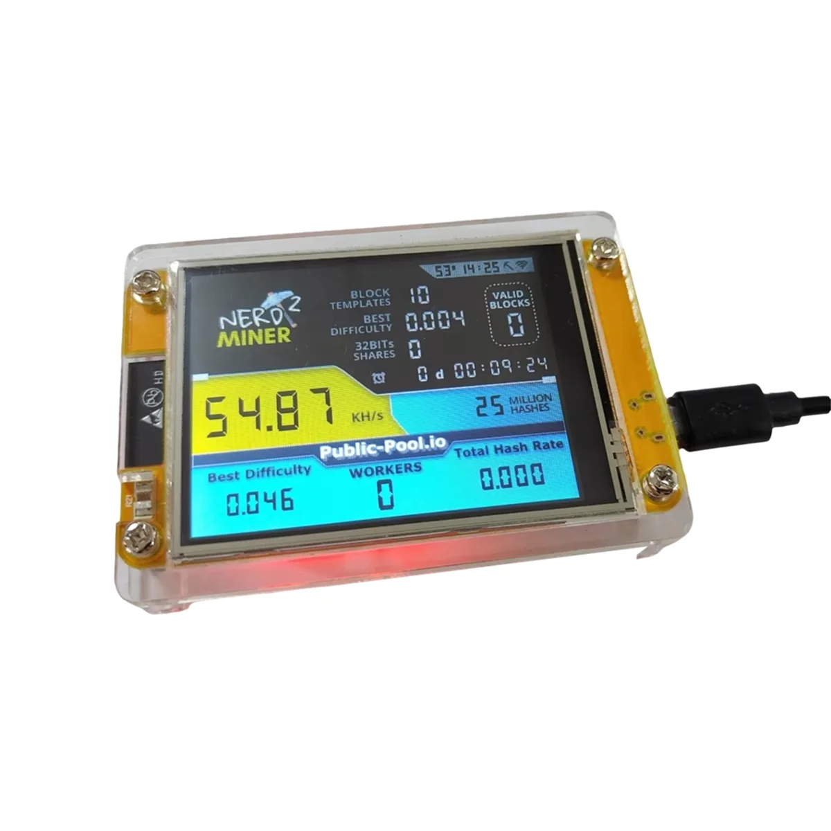 A56XQ NerdMiner 2 Penambang 55-60KH/S Layar 2.8 Inci BTC Penambang Lotere Tunggal Bitcoin BTC Penambang Solo Nerd Penambang dengan Casing