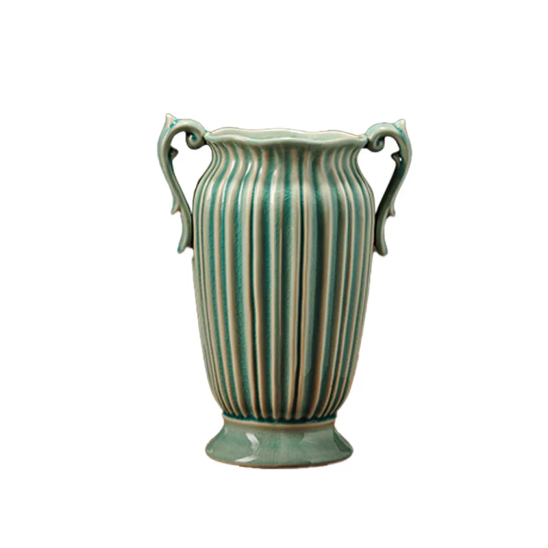 Vintage French Double Handle Ceramic Vase Vertical Striped Crack Glaze Flower Vase for Living Room Tabletop Rose Floral Decor