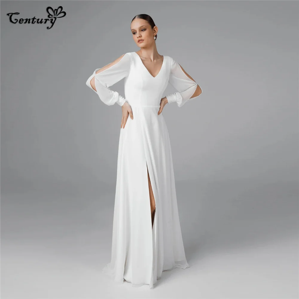 

Beach Wedding Dress for Bride Long Sleeve V-Neck Covered Back Side Slit Simple Bridal Gowns Vestido de novia 2023