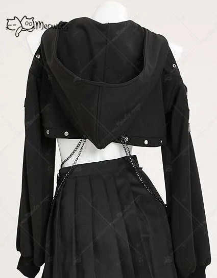 MEOWCOS Halloween Gothic Hoodies for Women Gothic Crop Top Punk Clothes Long Sleeve Chain Sweatshirt Hoodies Cosplay Costume view 4