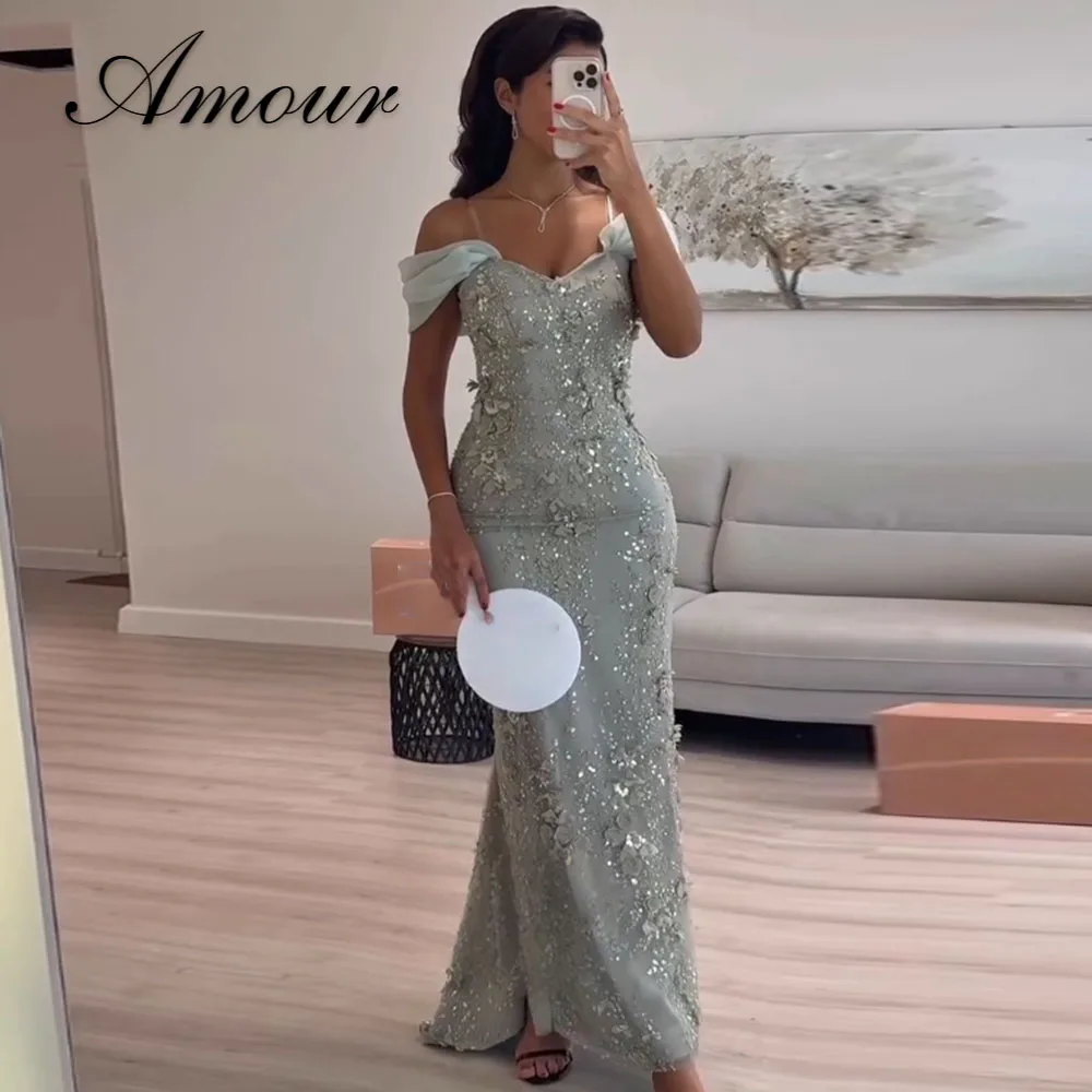 Amour Maßgeschneiderte Luxus-Abendkleider aus Saudi-Arabien, schulterfreie Meerjungfrauen-Abendkleider mit Perlen und Pailletten, formelle Ballkleider