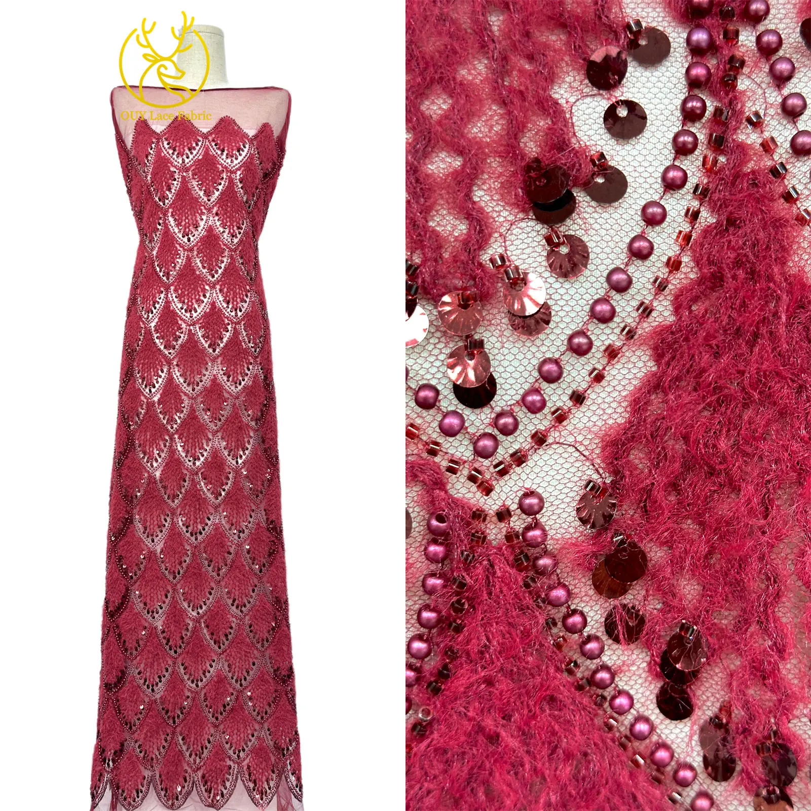 Hochwertiger 3D Nigerianischer Pailletten-Tüll-Spitzenstoff, 5 Yards, afrikanischer handgefertigter Perlen-Spitzenstoff für Damen-Partykleider zum Nähen – Detail 6