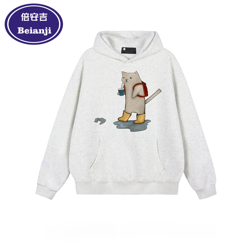 Beianji coat funny kitten fun print design men's retro vintage loose conventional autumn hoodie 2024