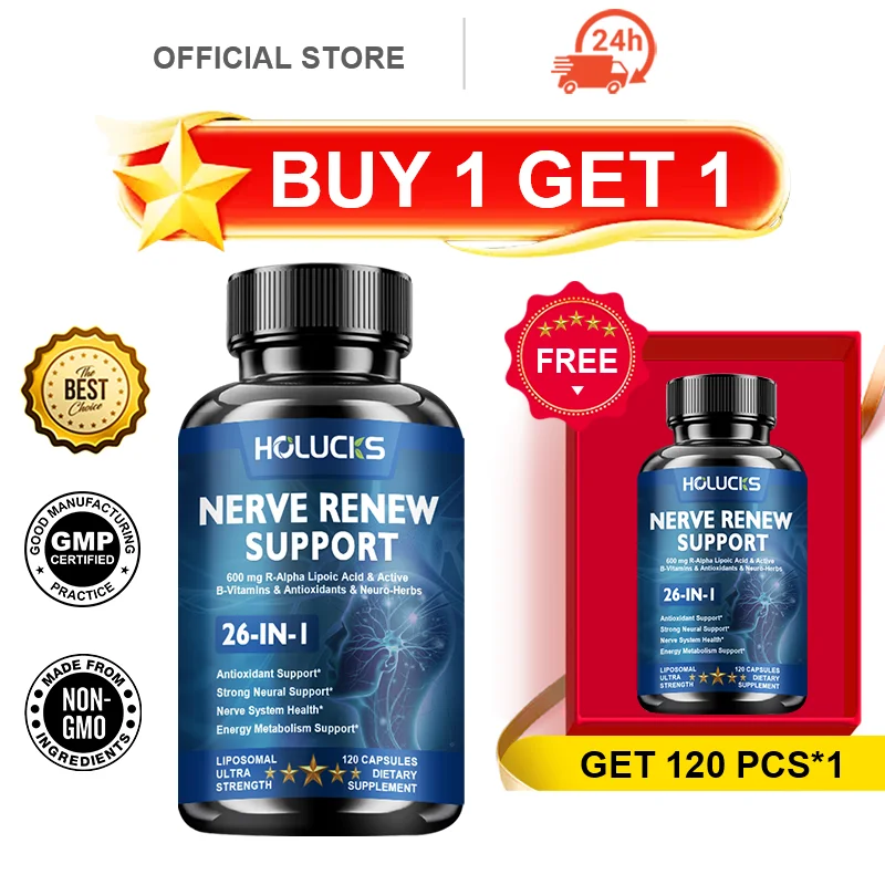 Cápsulas HOLUCKS Nerve Renew Support, con R-ALA y Vitaminas del Complejo B, que Ayudan a la Salud Nerviosa, la Función Cerebral y la Vitalidad Diaria