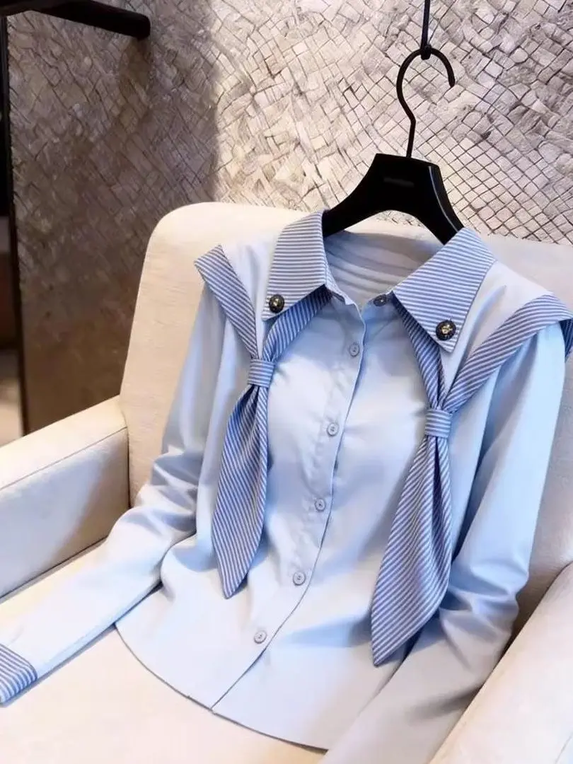 

Женская блузка в корейском стиле с синим воротником-шалью, свободного кроя, с длинным рукавом, для повседневной носки, весна 2026, молодежный образ