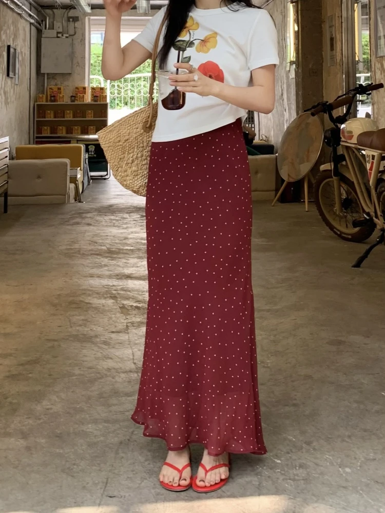 Falda Midi de Cintura Alta con Estampado de Lunares Rojos, Estilo Dulce y Versátil, para Mujer, Otoño, Estilo Adeazante y R...