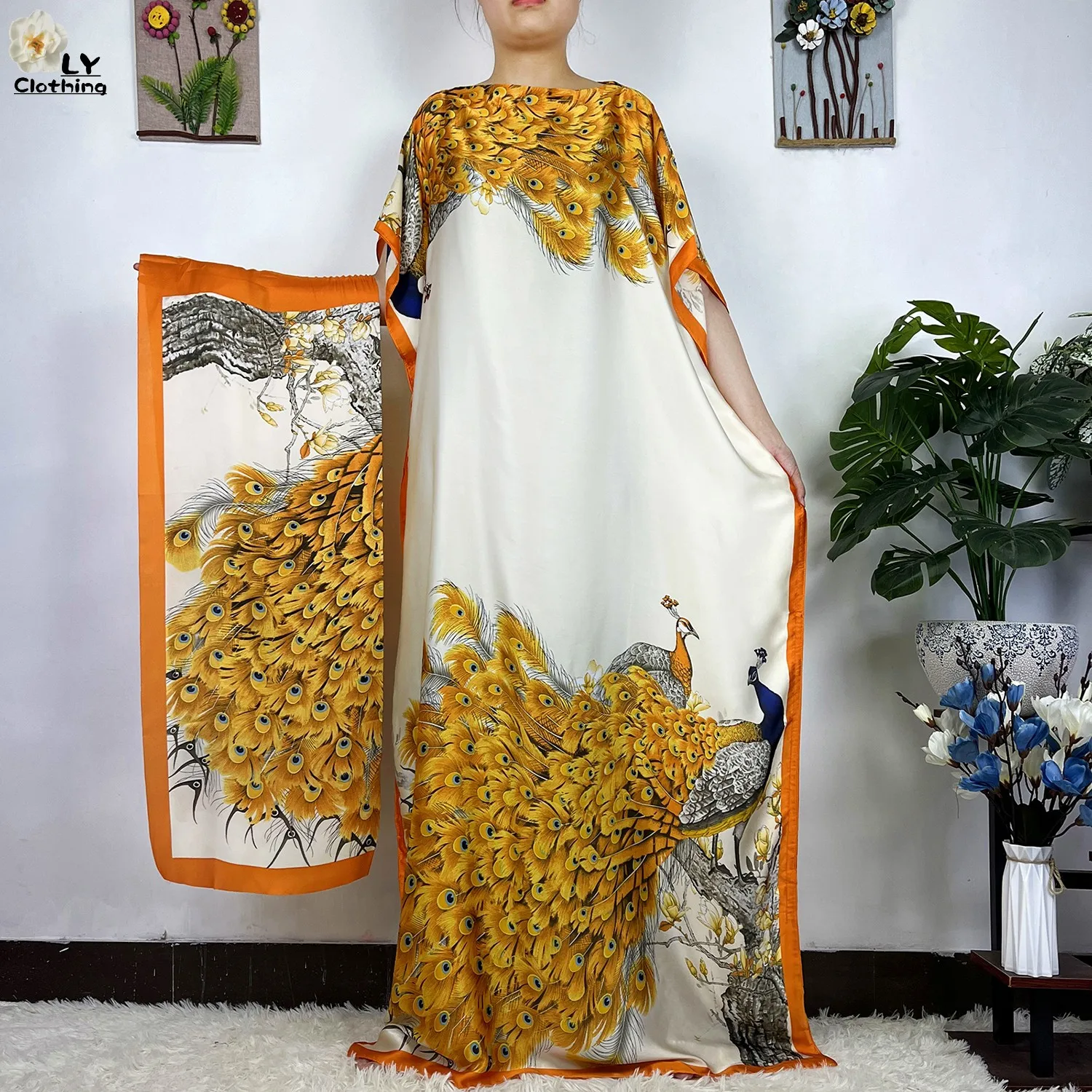 2023 New African Fashion Short Sleeve Colored Pattern Dubai Women Summer Real Silk Soft Printing Loose Tradition Muslim Dress