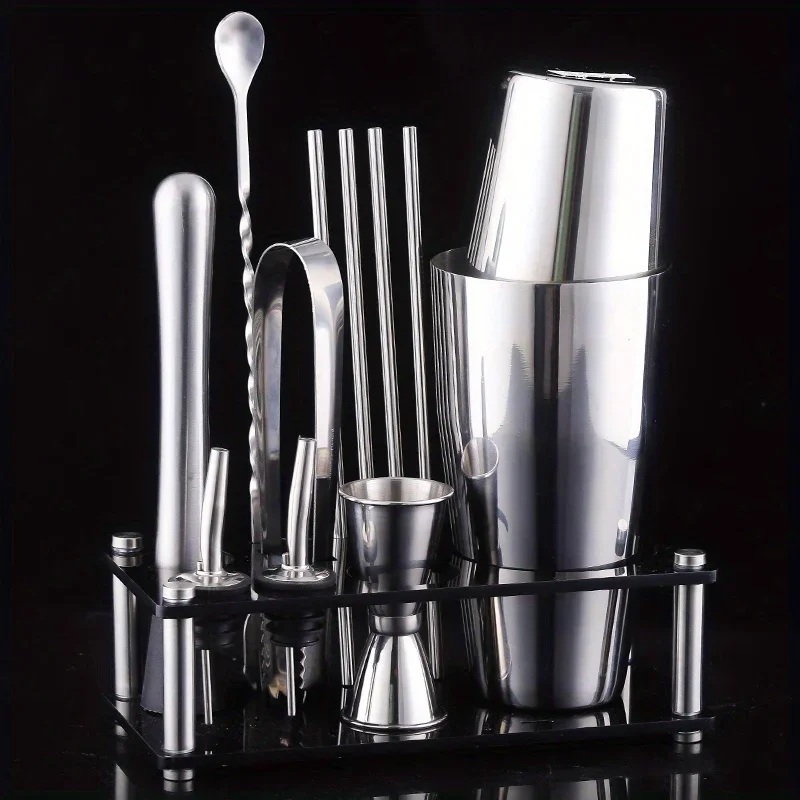 Juego profesional de coctelera de acero inoxidable con soporte, kit completo de barman que incluye Jigger, Muddler