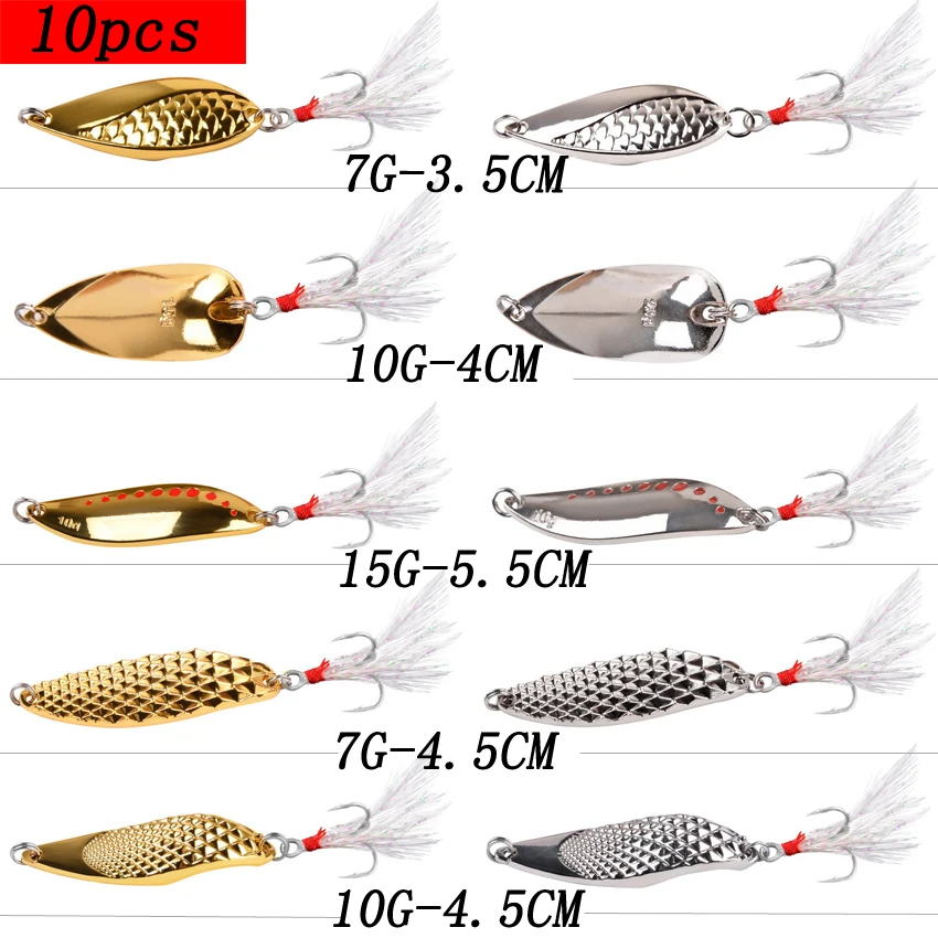 

10Pcs Mixed Weights /7g/10g/15g Metal Fishing Lures Set Spoon Sequins Spinner with Feather Hard Bait Sea Lake Bait Tool Wobblers