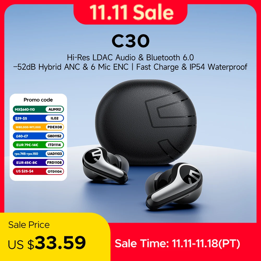 SOUNDPEATS C30 무선 이어폰 -52dB 하이브리드 ANC 블루투스 6.0 헤드폰 하이 레졸루션 LDAC 오디오, 6개의 마이크 ENC, 고속 충전, IP54