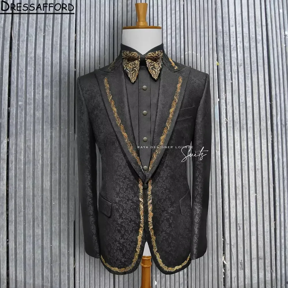 Black Jacquard Weave Men Suits Appliques Groom Wedding Tuxedos 2 Pieces Sets Dinner Prom Blazers Terno Masculino Completo