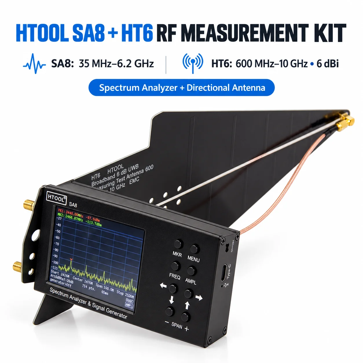 RF измерительный комплект HTOOL SA8 + HT6, спектральный анализ 35 МГц–6,2 ГГц, генератор сигналов и направленная антенна 6 dBi