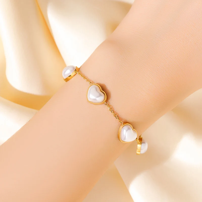 EILIECK 316L Edelstahl Herzförmige Perlenkette Armband Ohrringe Set Modischer Goldfarbener Wasserdichter Schmuck Damengeschenk – Detail 13